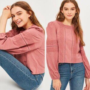 🦋 TOPSHOP Pink Mauve Eyelet Top Boho Long Sleeve 6